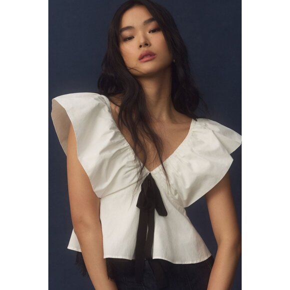 Anthropologie Tops - NWT By Anthropologie bow ruffle sleeve eyelash lace hem babydoll blouse